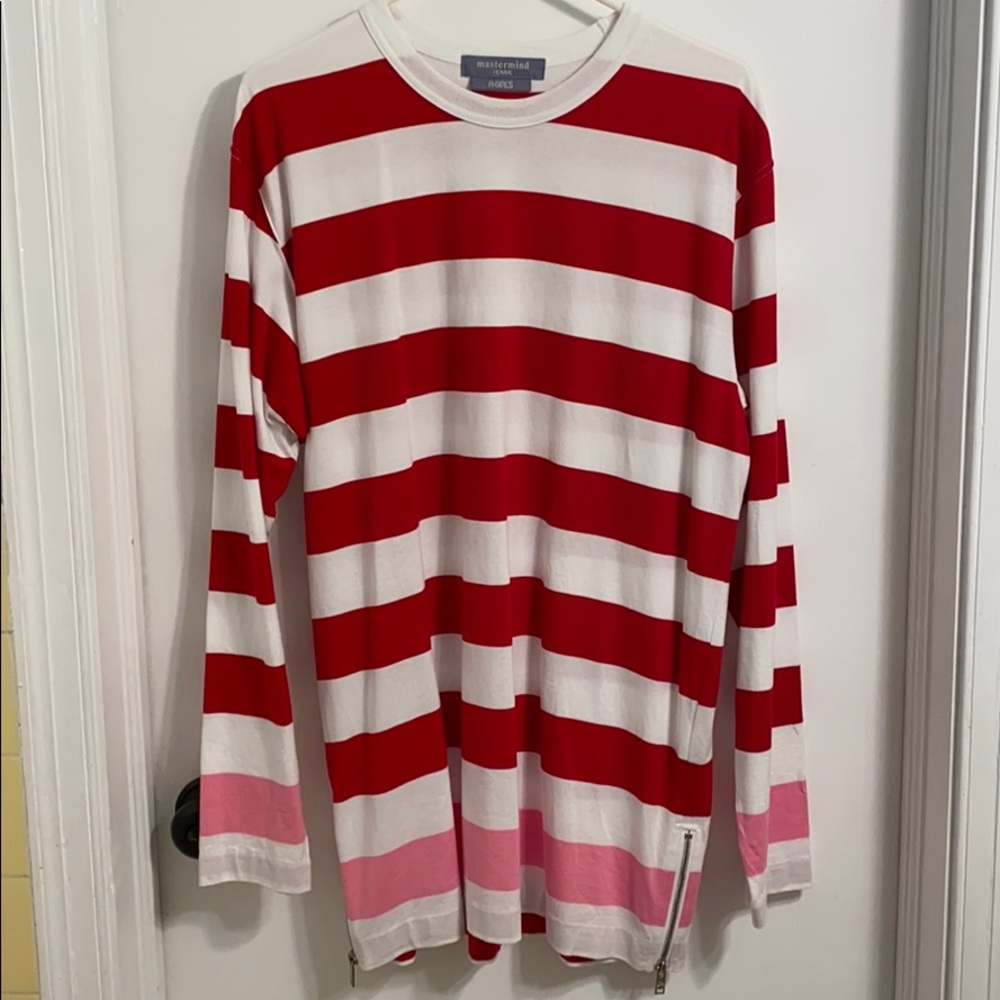 Red white and pink striped elongated t shirt